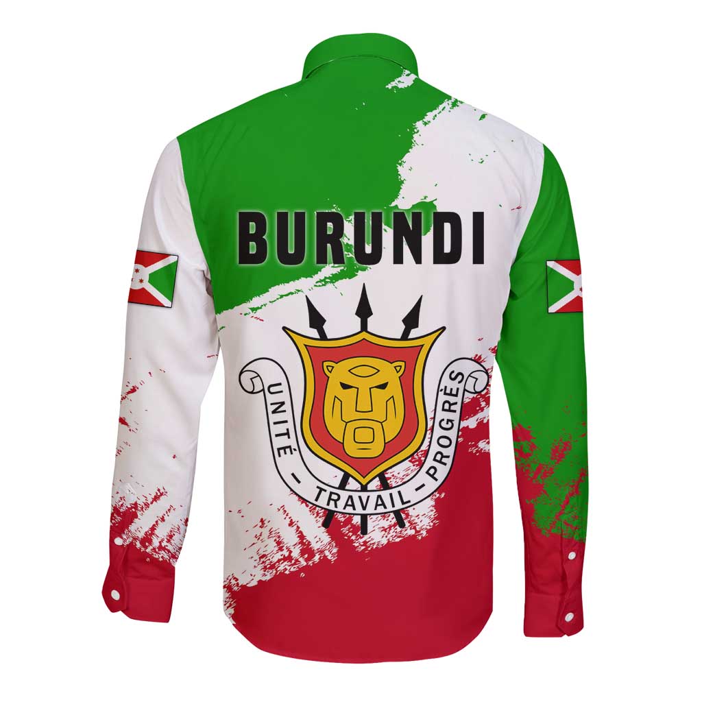 Burundi Flag Long Sleeve Button Shirt with National Emblem and Motto Unité Travail Progres