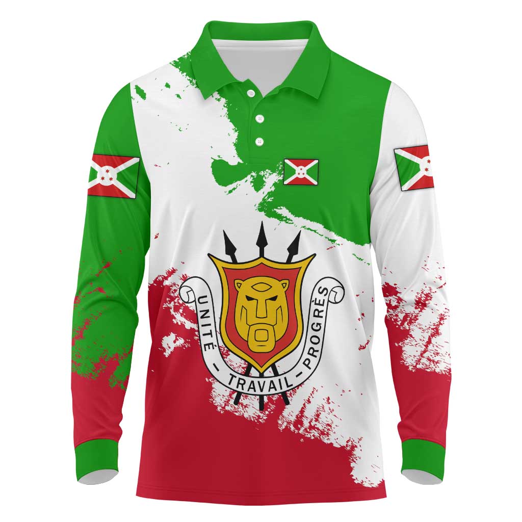 Burundi Flag Long Sleeve Polo Shirt with National Emblem and Motto Unité Travail Progres