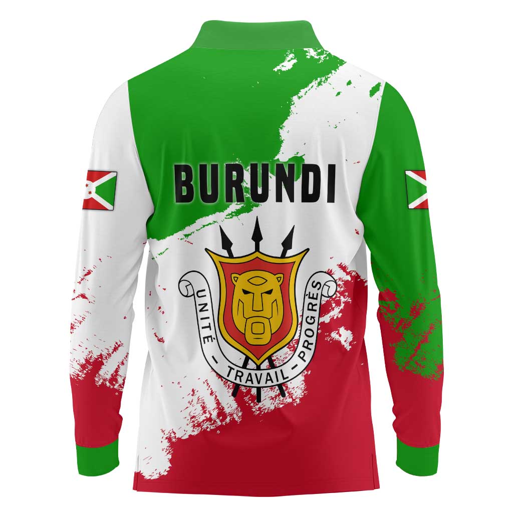 Burundi Flag Long Sleeve Polo Shirt with National Emblem and Motto Unité Travail Progres