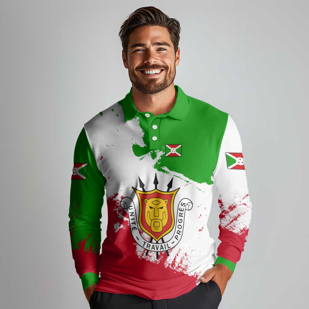 Burundi Flag Long Sleeve Polo Shirt with National Emblem and Motto Unité Travail Progres
