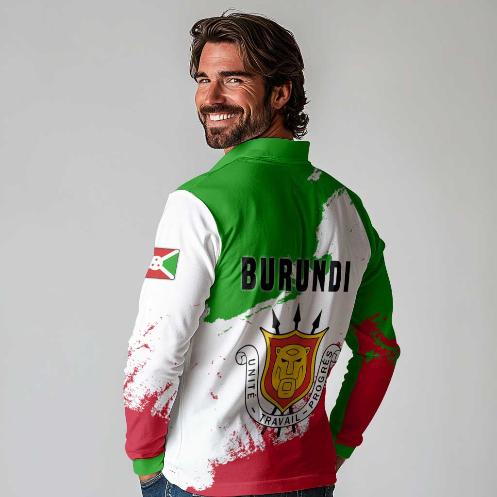 Burundi Flag Long Sleeve Polo Shirt with National Emblem and Motto Unité Travail Progres