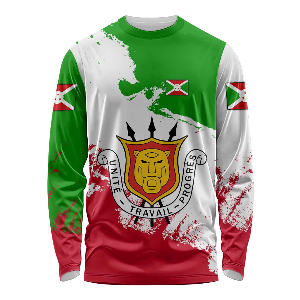 Burundi Flag Long Sleeve Shirt with National Emblem and Motto Unité Travail Progres