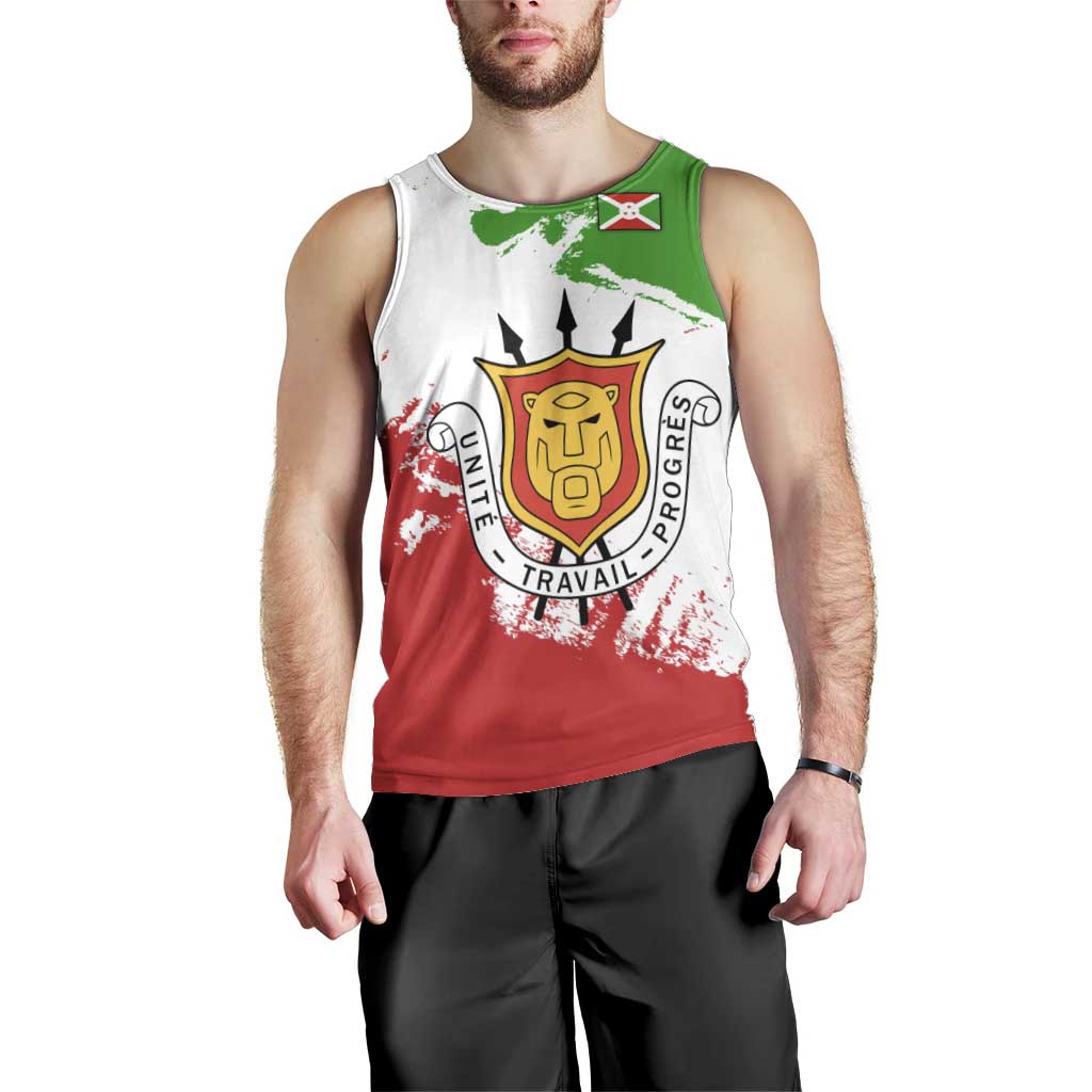 Burundi Flag Men Tank Top with National Emblem and Motto Unité Travail Progres