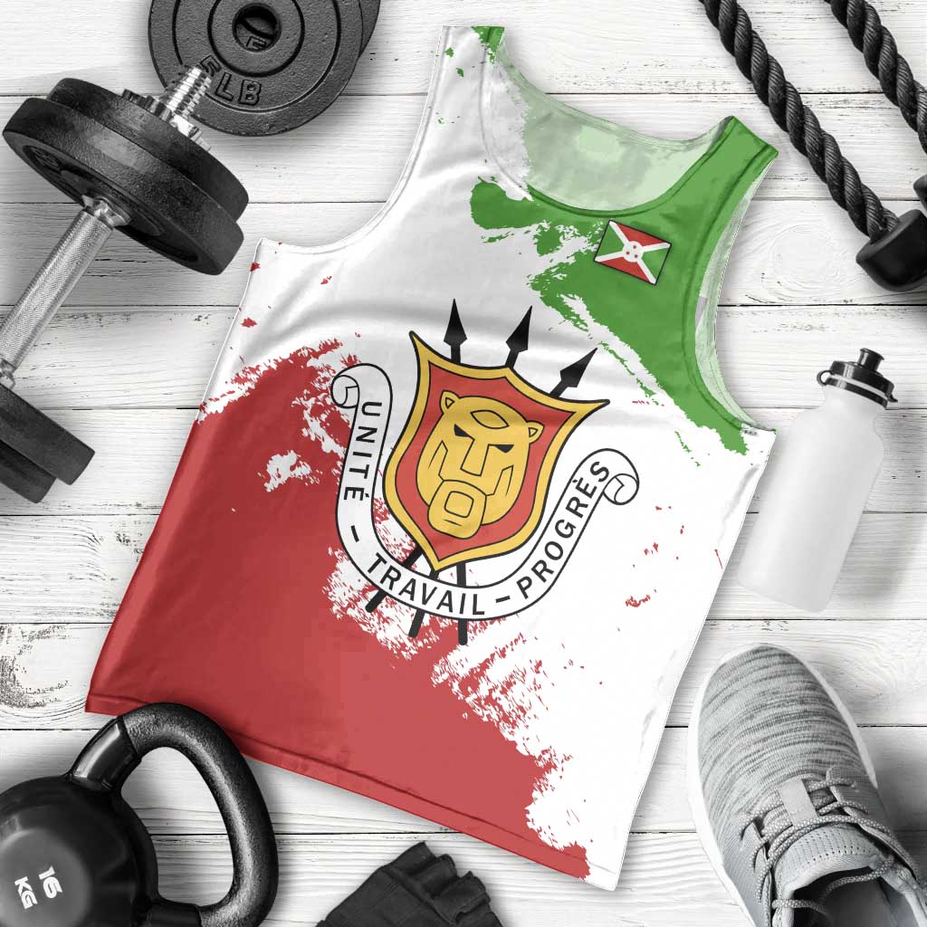 Burundi Flag Men Tank Top with National Emblem and Motto Unité Travail Progres