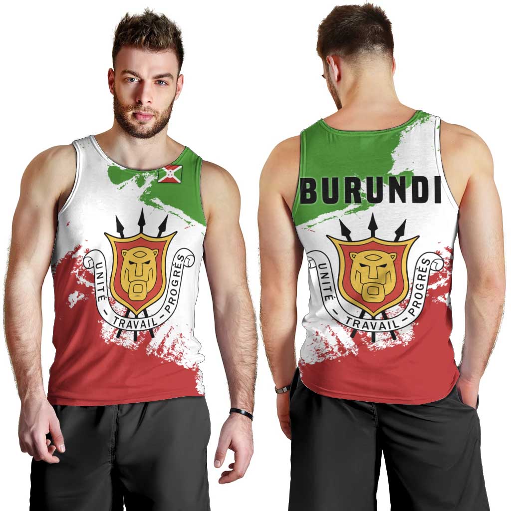 Burundi Flag Men Tank Top with National Emblem and Motto Unité Travail Progres