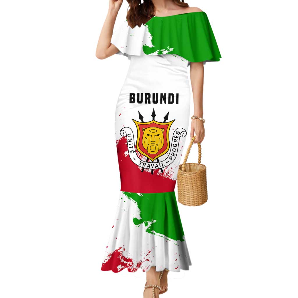 Burundi Flag Mermaid Dress with National Emblem and Motto Unité Travail Progres