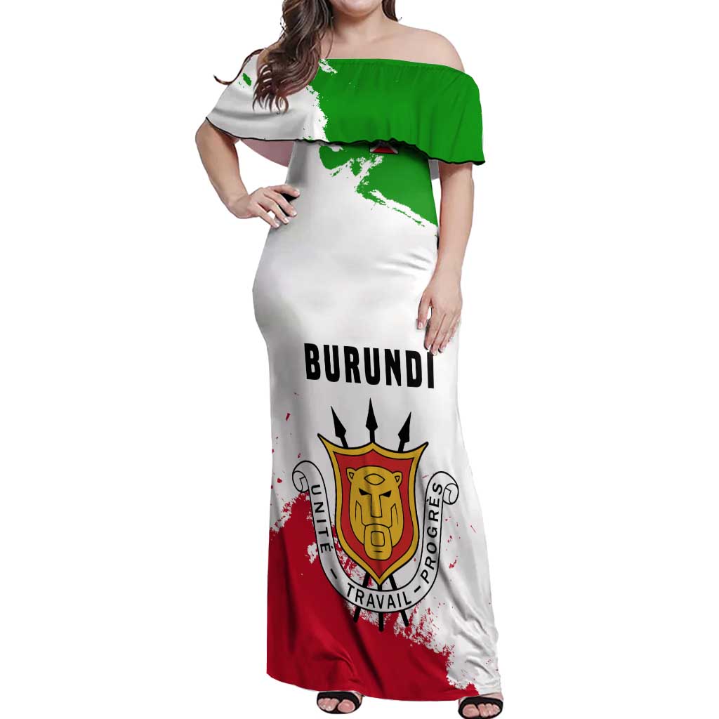 Burundi Flag Off Shoulder Maxi Dress with National Emblem and Motto Unité Travail Progres