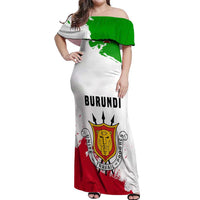 Burundi Flag Off Shoulder Maxi Dress with National Emblem and Motto Unité Travail Progres