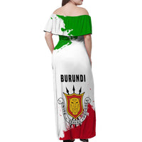 Burundi Flag Off Shoulder Maxi Dress with National Emblem and Motto Unité Travail Progres