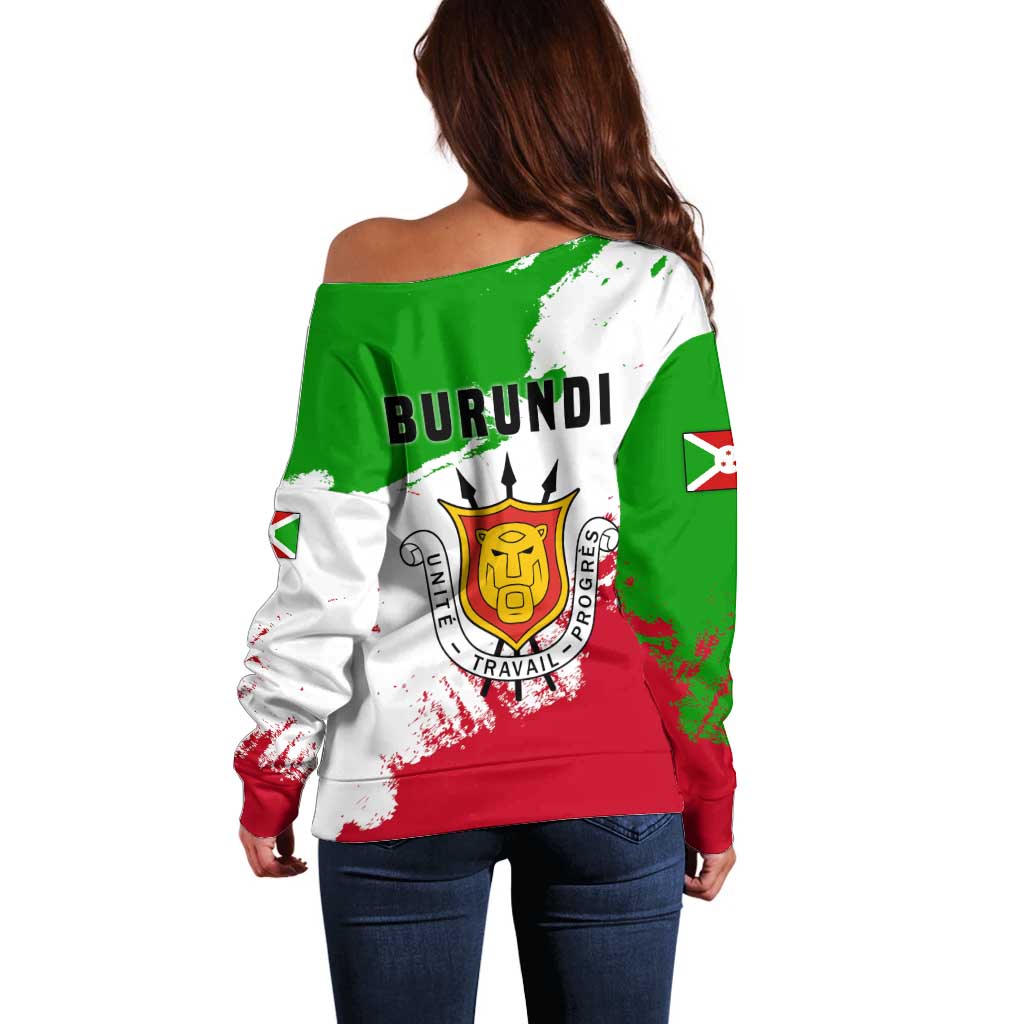 Burundi Flag Off Shoulder Sweater with National Emblem and Motto Unité Travail Progres