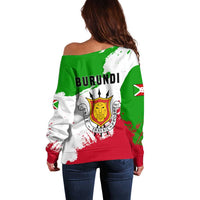 Burundi Flag Off Shoulder Sweater with National Emblem and Motto Unité Travail Progres