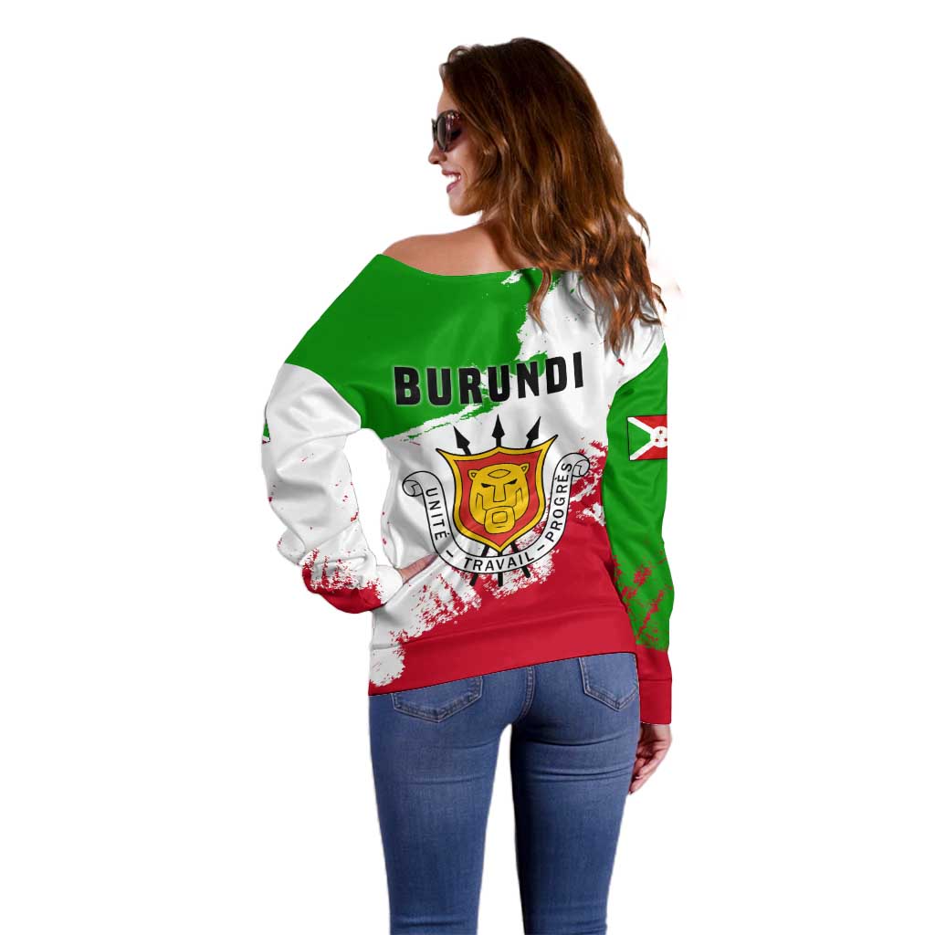 Burundi Flag Off Shoulder Sweater with National Emblem and Motto Unité Travail Progres
