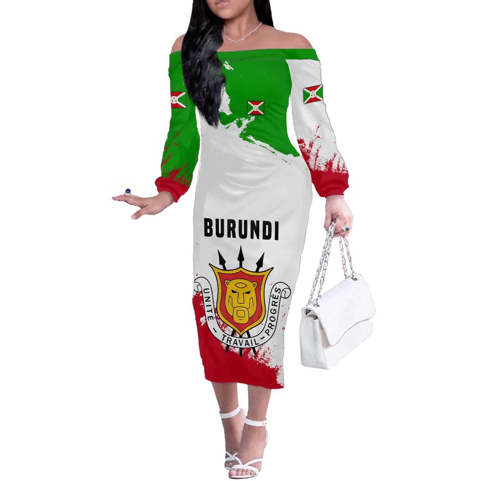 Burundi Flag Off The Shoulder Long Sleeve Dress with National Emblem and Motto Unité Travail Progres