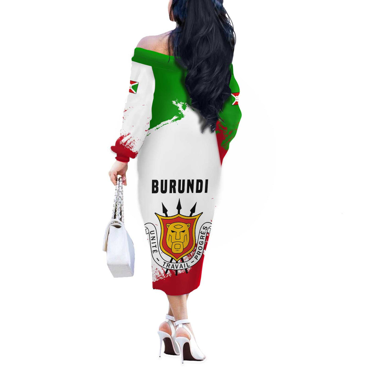 Burundi Flag Off The Shoulder Long Sleeve Dress with National Emblem and Motto Unité Travail Progres