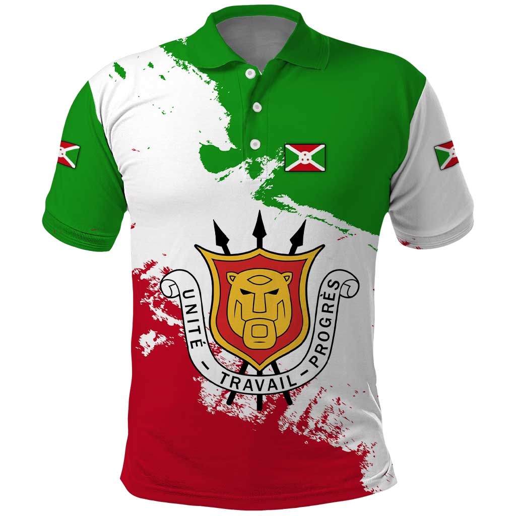 Burundi Flag Polo Shirt with National Emblem and Motto Unité Travail Progres