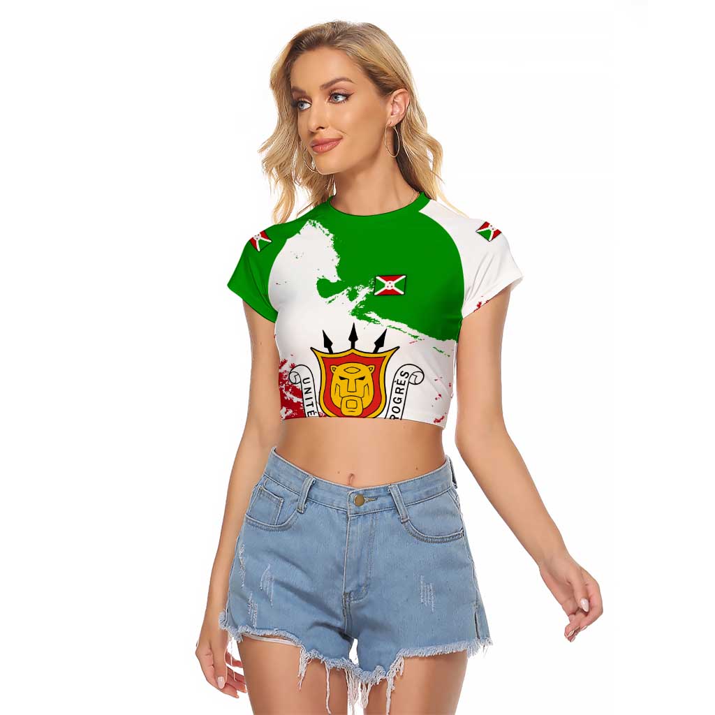 Burundi Flag Raglan Cropped T Shirt with National Emblem and Motto Unité Travail Progres