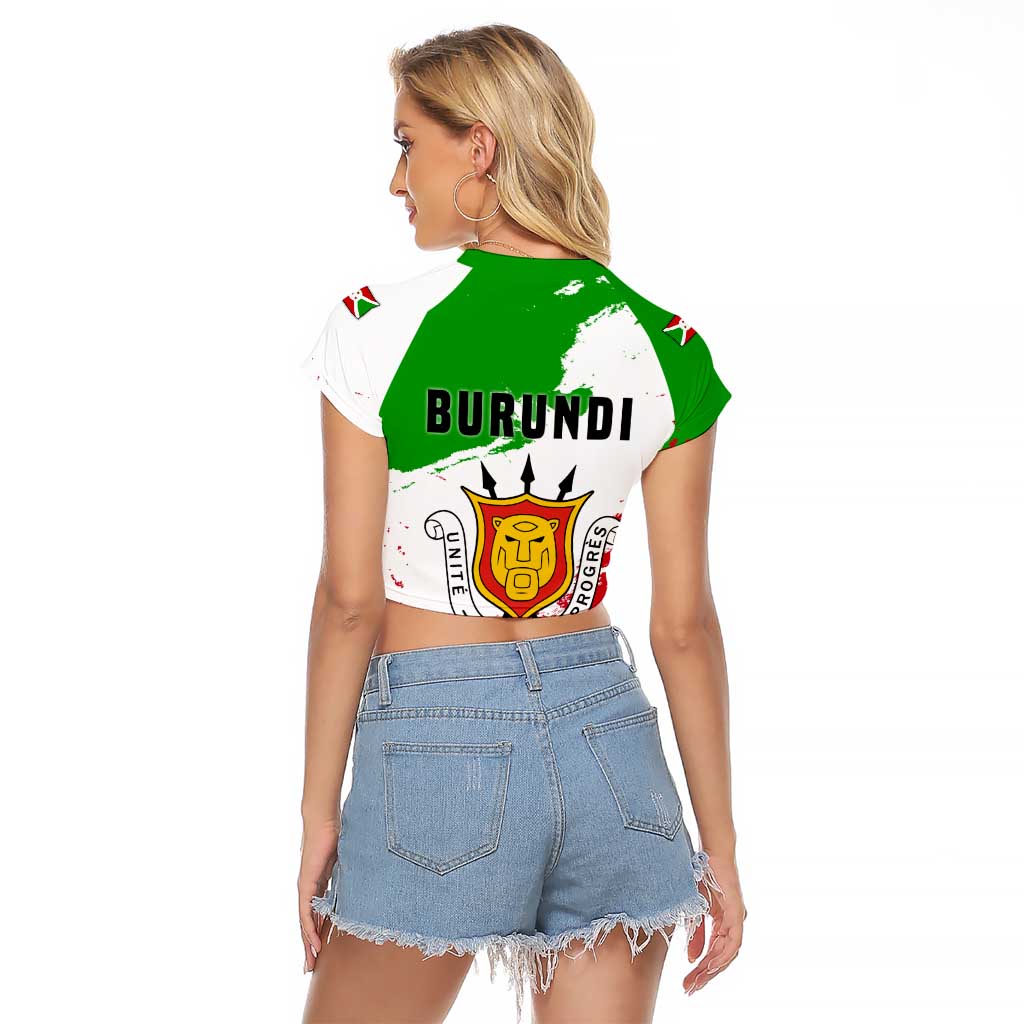 Burundi Flag Raglan Cropped T Shirt with National Emblem and Motto Unité Travail Progres
