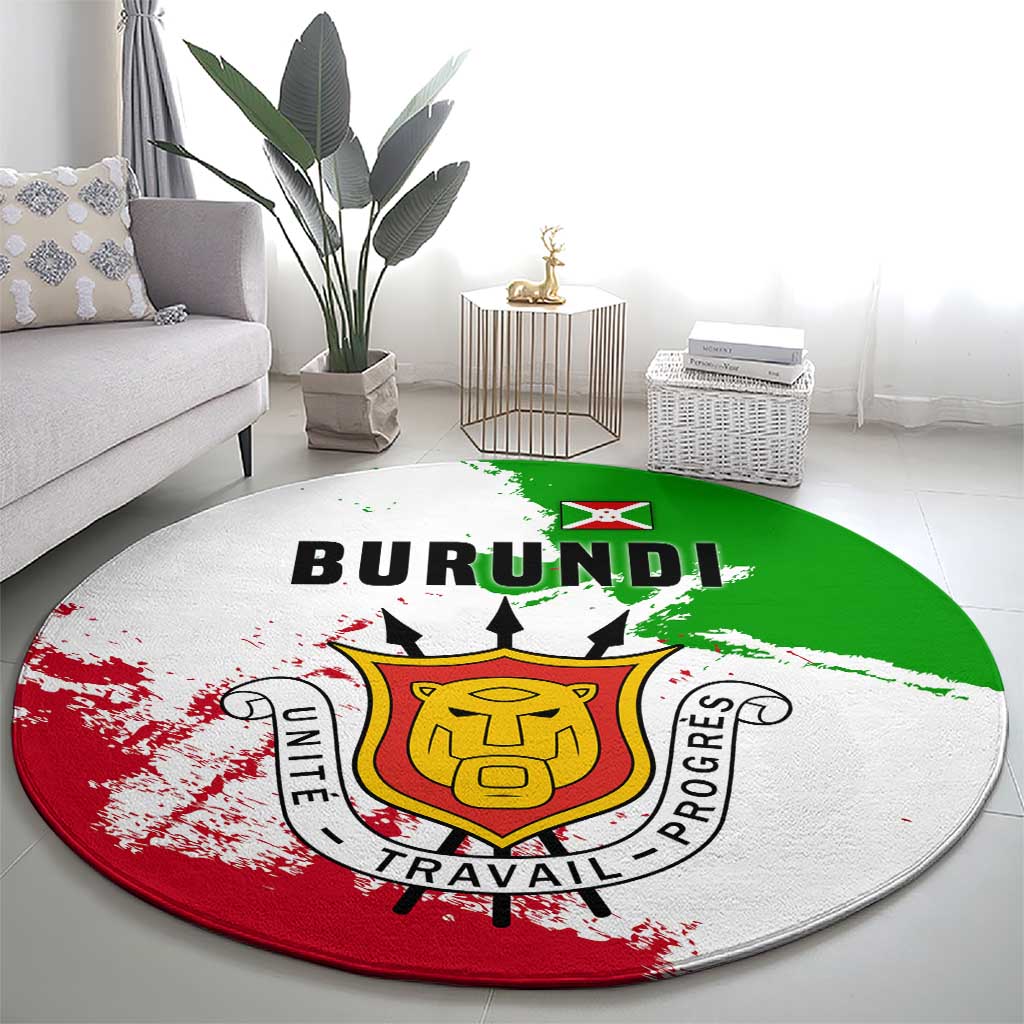 Burundi Flag Round Carpet with National Emblem and Motto Unité Travail Progres