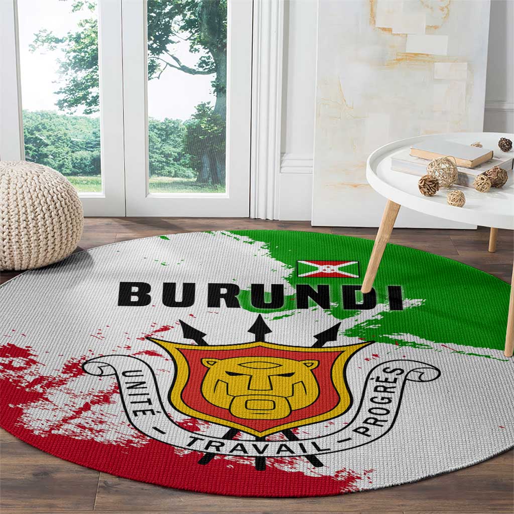 Burundi Flag Round Carpet with National Emblem and Motto Unité Travail Progres