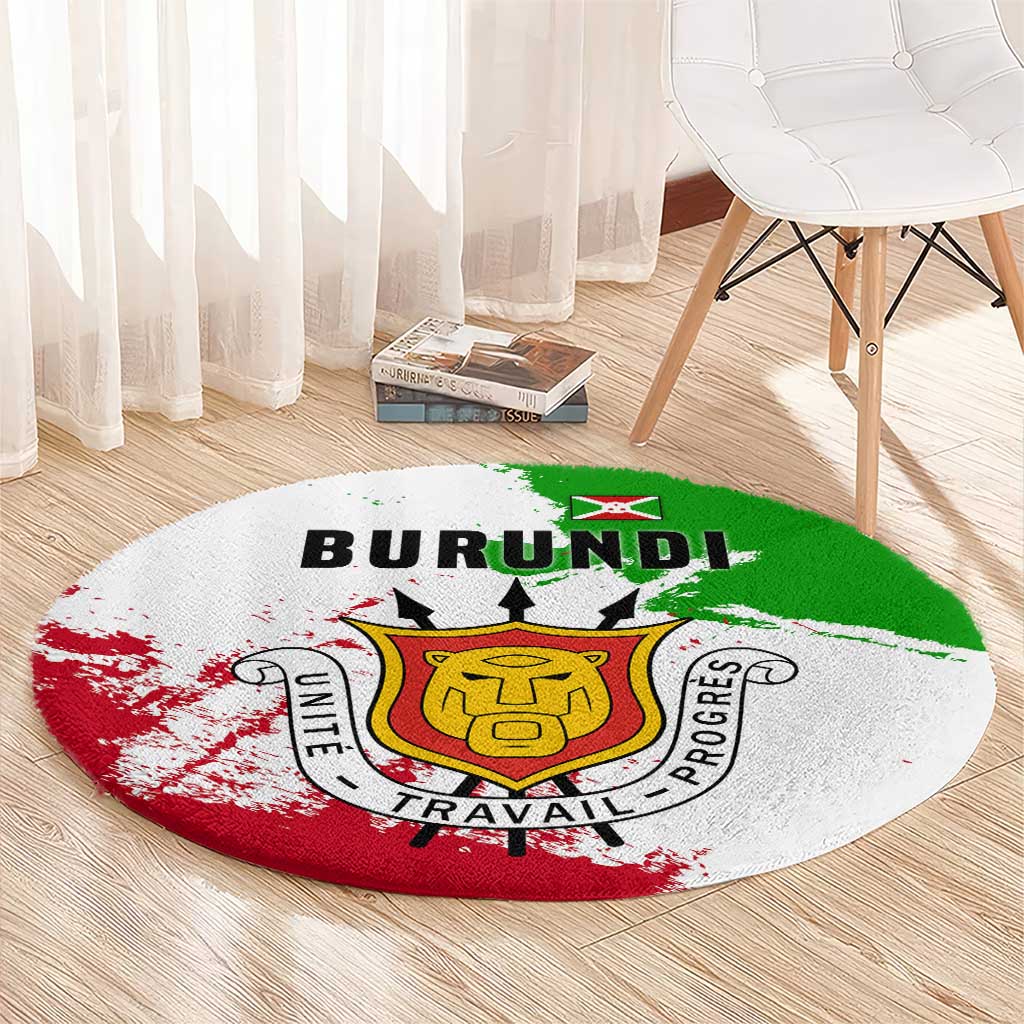 Burundi Flag Round Carpet with National Emblem and Motto Unité Travail Progres