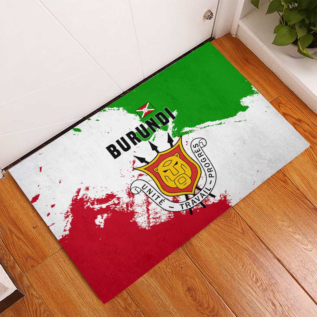 Burundi Flag Rubber Doormat with National Emblem and Motto Unité Travail Progres