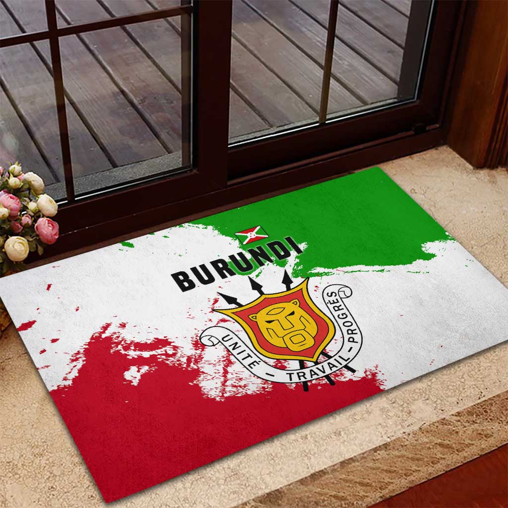 Burundi Flag Rubber Doormat with National Emblem and Motto Unité Travail Progres