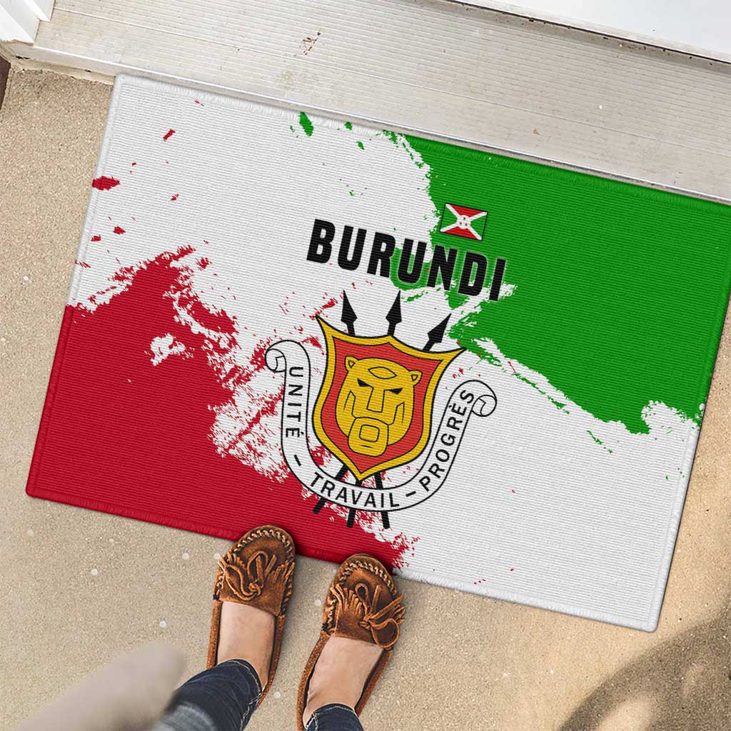 Burundi Flag Rubber Doormat with National Emblem and Motto Unité Travail Progres