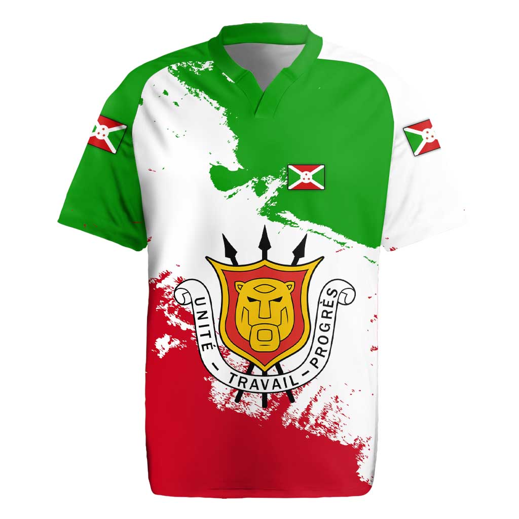 Burundi Flag Rugby Jersey with National Emblem and Motto Unité Travail Progres