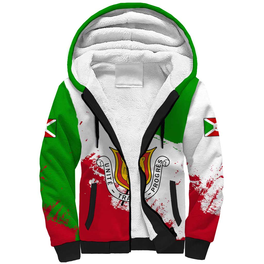 Burundi Flag Sherpa Hoodie with National Emblem and Motto Unité Travail Progres