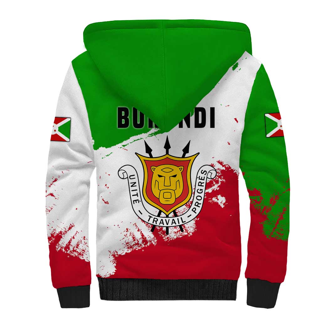Burundi Flag Sherpa Hoodie with National Emblem and Motto Unité Travail Progres