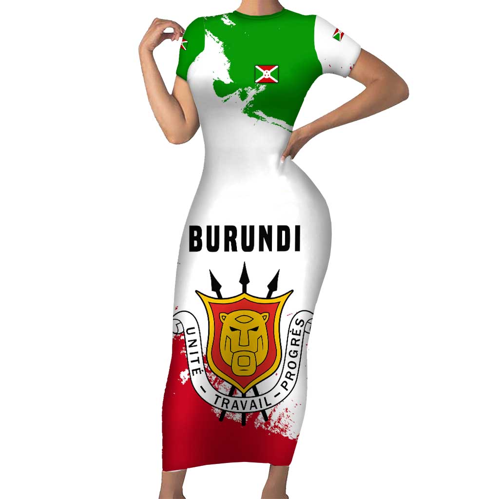 Burundi Flag Short Sleeve Bodycon Dress with National Emblem and Motto Unité Travail Progres