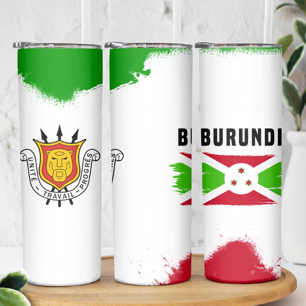 Burundi Flag Skinny Tumbler with National Emblem and Motto Unité Travail Progres