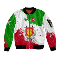 Burundi Flag Sleeve Zip Bomber Jacket with National Emblem and Motto Unité Travail Progres