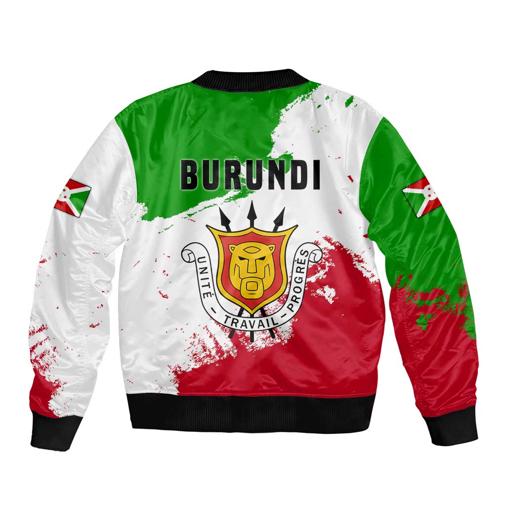 Burundi Flag Sleeve Zip Bomber Jacket with National Emblem and Motto Unité Travail Progres