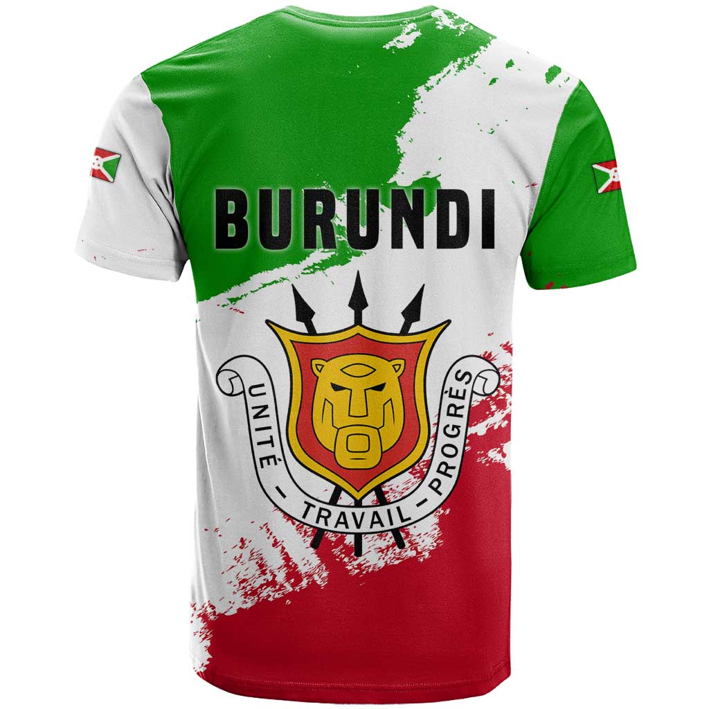 Burundi Flag T Shirt with National Emblem and Motto Unité Travail Progres