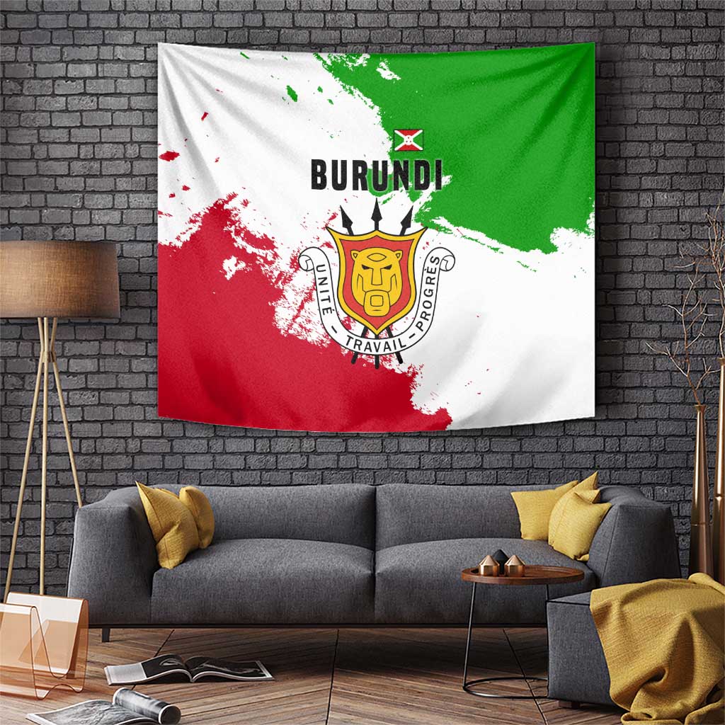 Burundi Flag Tapestry with National Emblem and Motto Unité Travail Progres
