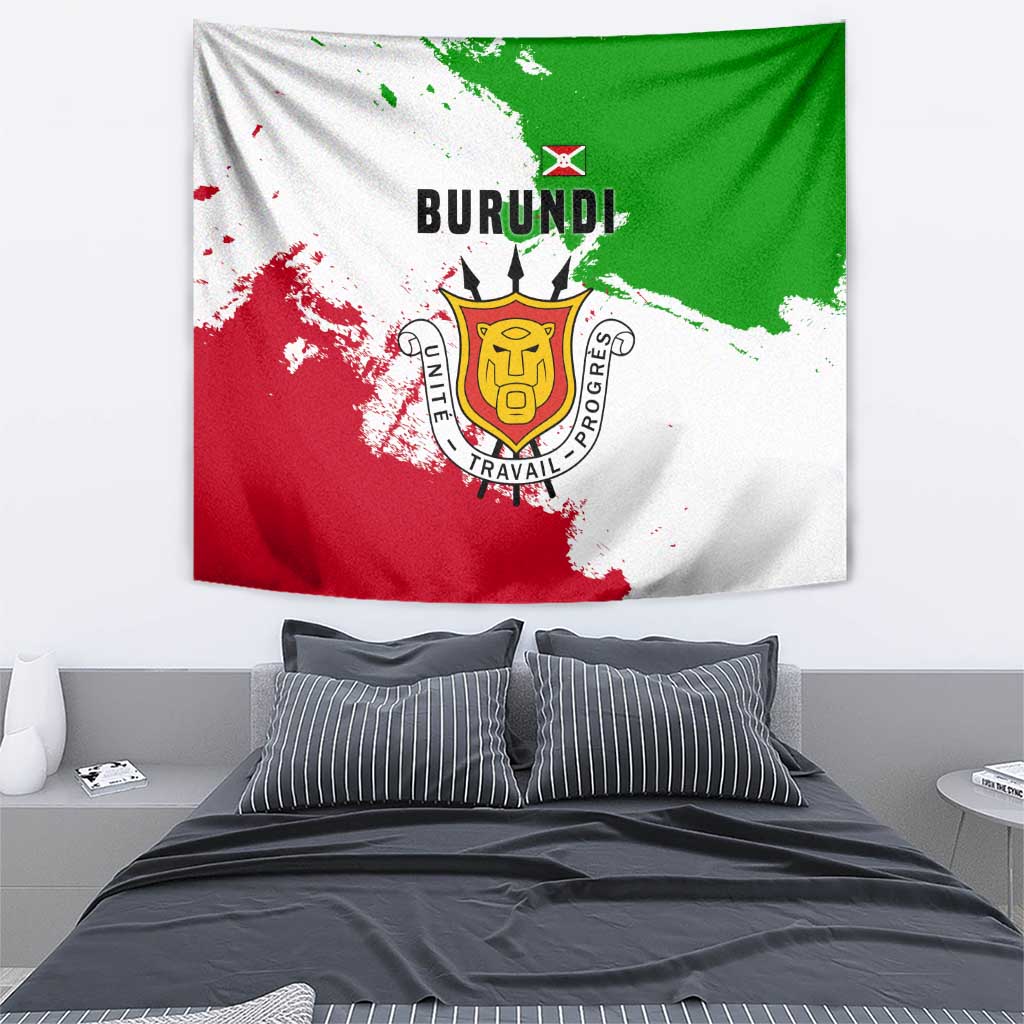 Burundi Flag Tapestry with National Emblem and Motto Unité Travail Progres
