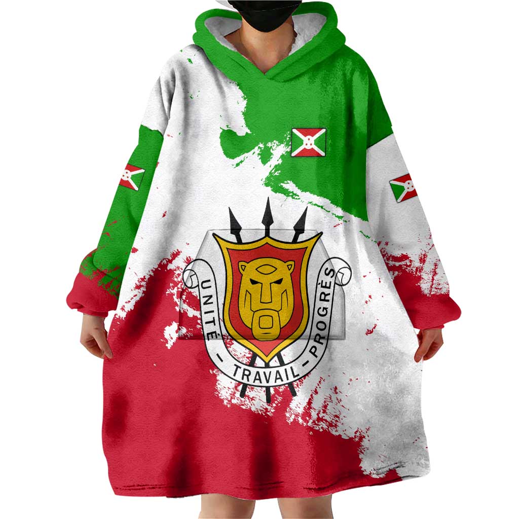 Burundi Flag Wearable Blanket Hoodie with National Emblem and Motto Unité Travail Progres