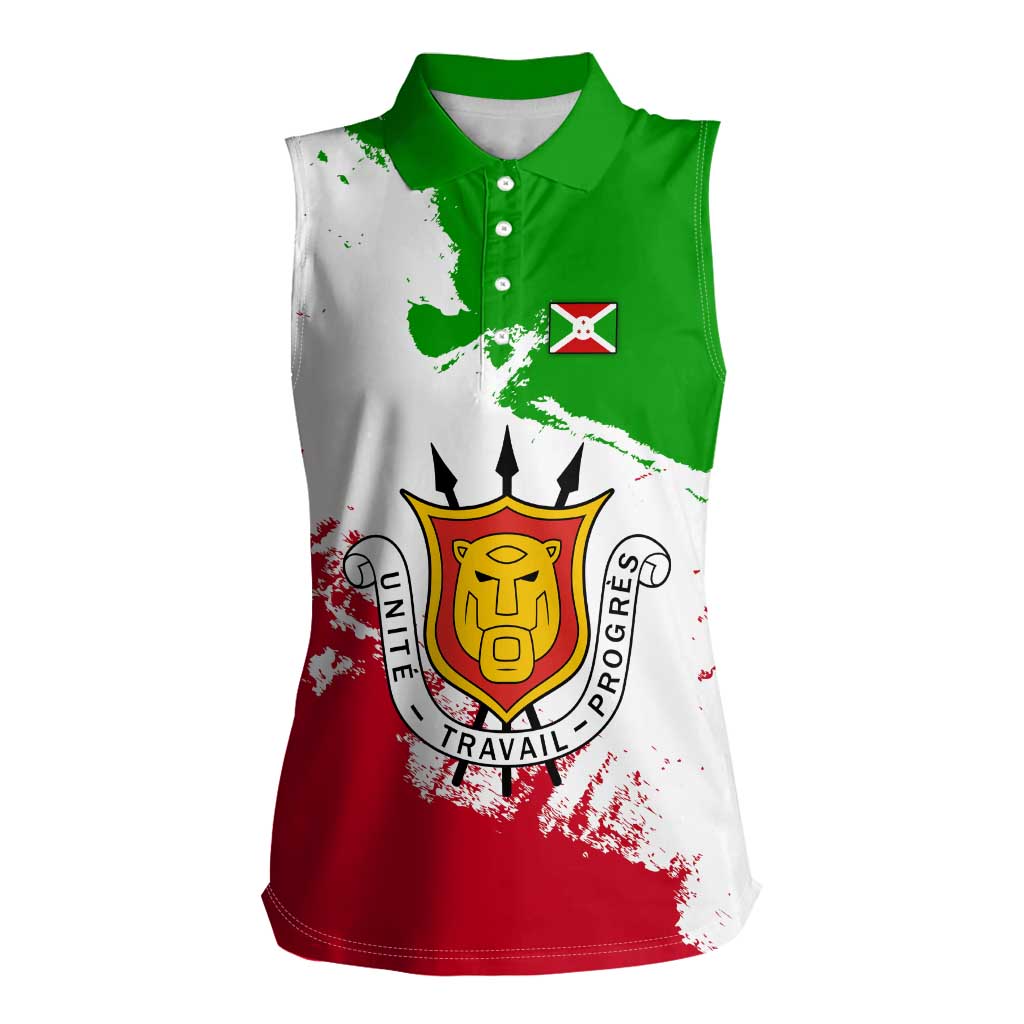 Burundi Flag Women Sleeveless Polo Shirt with National Emblem and Motto Unité Travail Progres