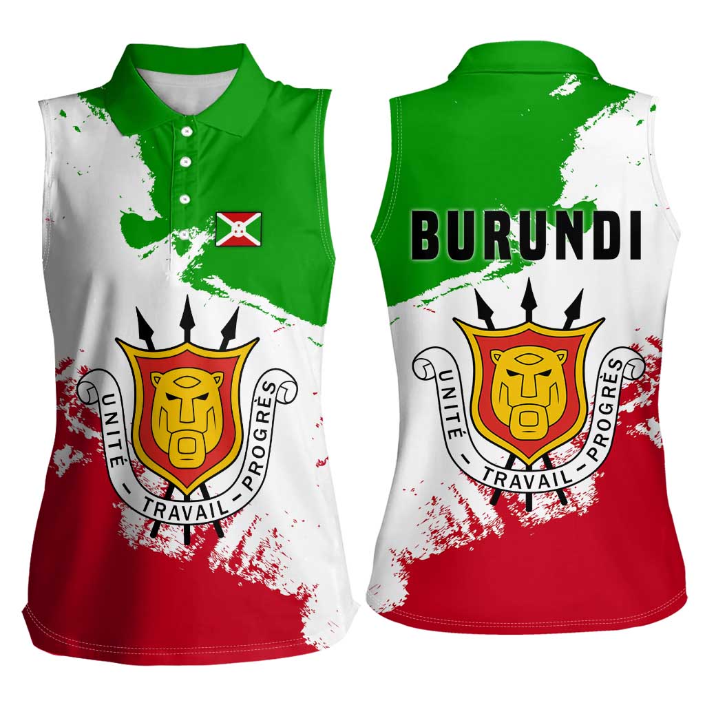 Burundi Flag Women Sleeveless Polo Shirt with National Emblem and Motto Unité Travail Progres
