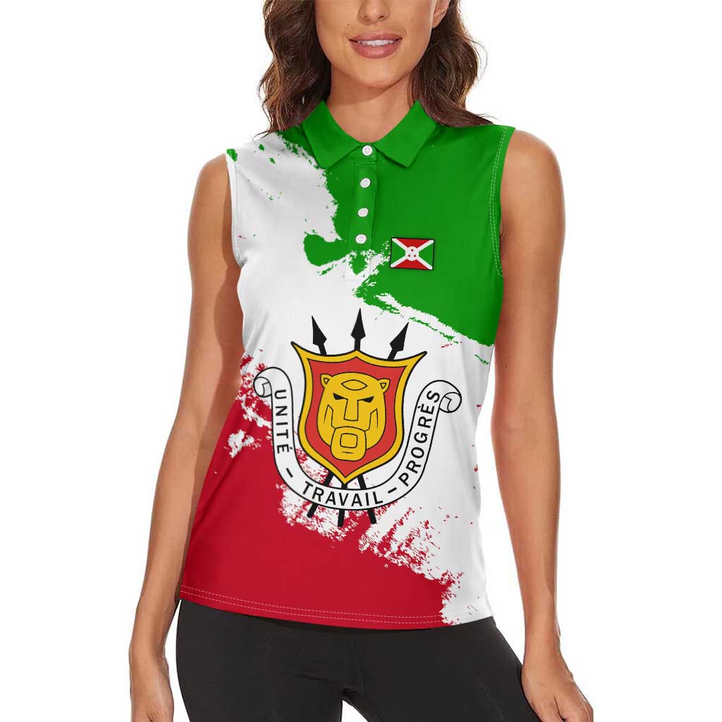 Burundi Flag Women Sleeveless Polo Shirt with National Emblem and Motto Unité Travail Progres