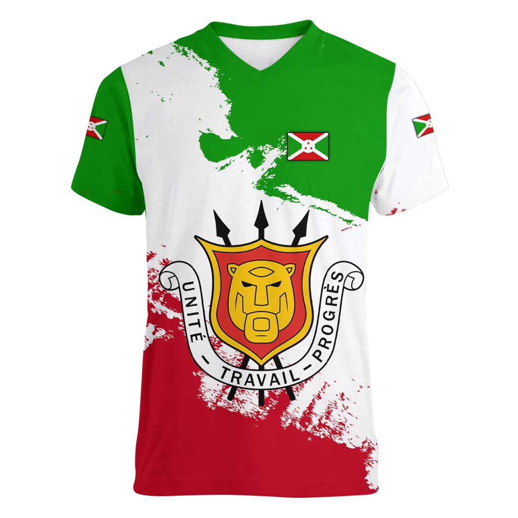 Burundi Flag Women V-Neck T-Shirt with National Emblem and Motto Unité Travail Progres