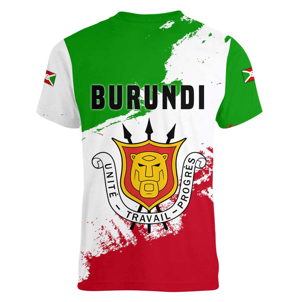 Burundi Flag Women V-Neck T-Shirt with National Emblem and Motto Unité Travail Progres