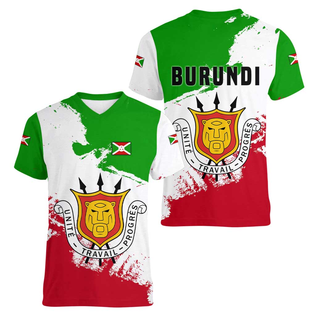 Burundi Flag Women V-Neck T-Shirt with National Emblem and Motto Unité Travail Progres
