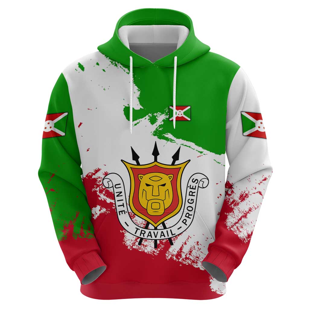 Burundi Flag Zip Hoodie with National Emblem and Motto Unité Travail Progres