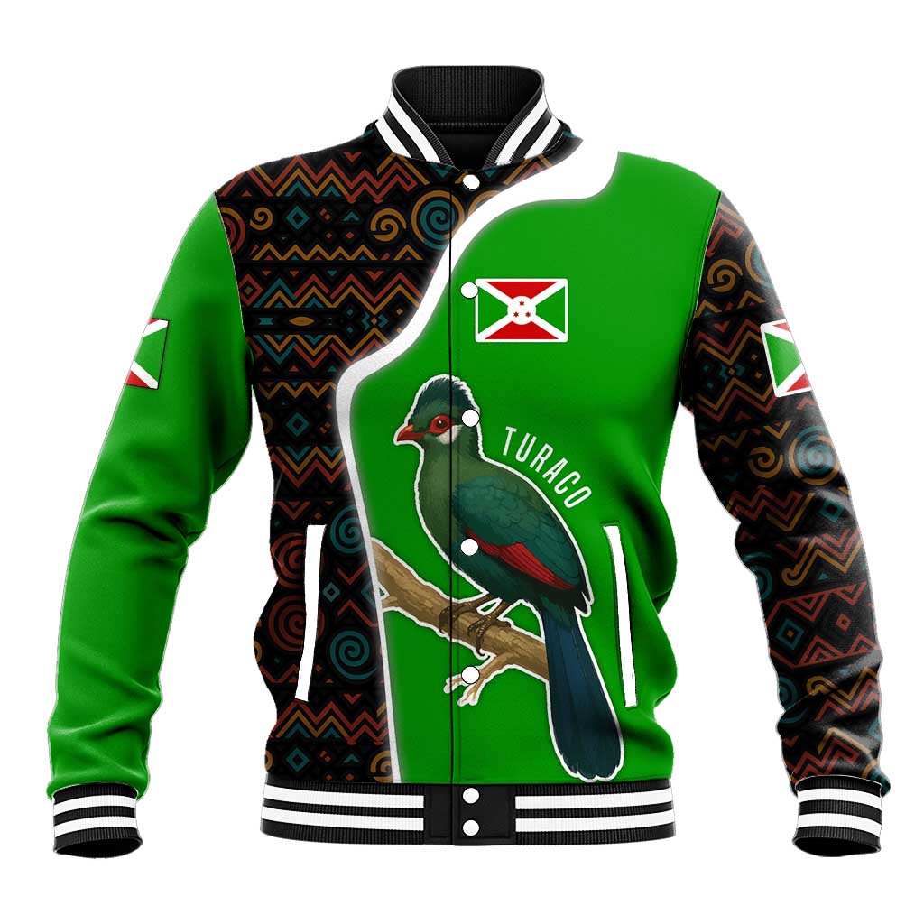 Burundi Turaco Baseball Jacket with National Bird and Flag Pattern