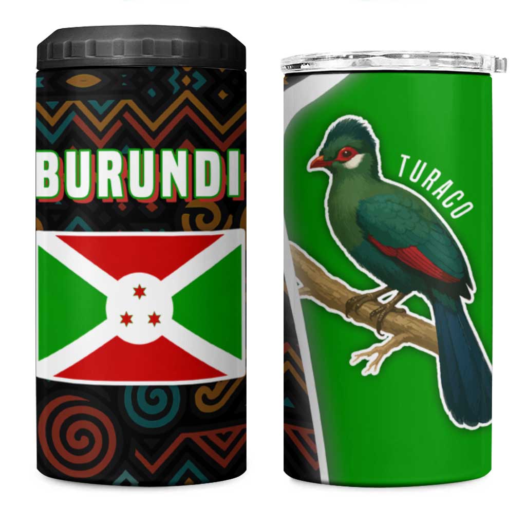 Burundi Turaco 4 in 1 Can Cooler Tumbler with National Bird and Flag Pattern