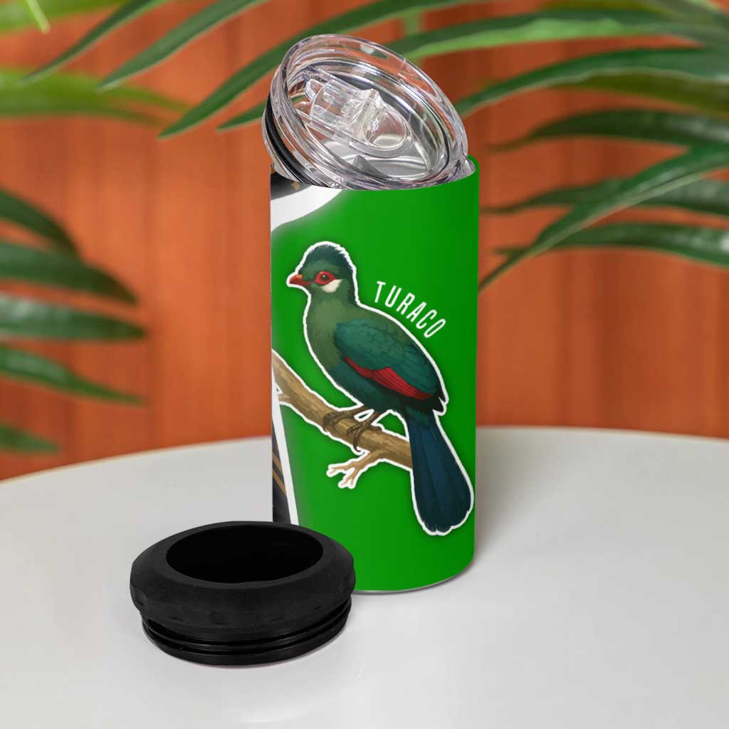 Burundi Turaco 4 in 1 Can Cooler Tumbler with National Bird and Flag Pattern
