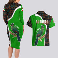 Burundi Turaco Couples Matching Long Sleeve Bodycon Dress and Hawaiian Shirt with National Bird and Flag Pattern