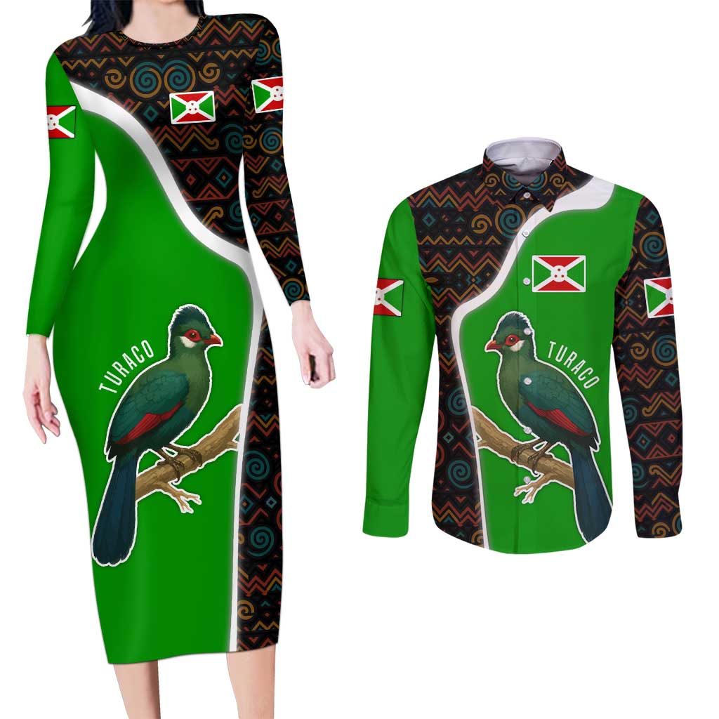 Burundi Turaco Couples Matching Long Sleeve Bodycon Dress and Long Sleeve Button Shirt with National Bird and Flag Pattern